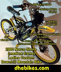 This womens electric downhill mountain bike has a Bafang 750 Watt 51 Volt motor and 24 inch wheels